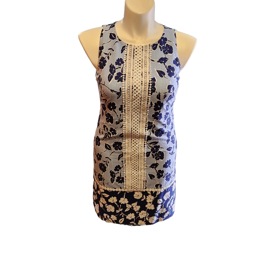Eliza J Linen Blend Lace Trim Floral Sleeveless Shift Mini Dress, Size 8